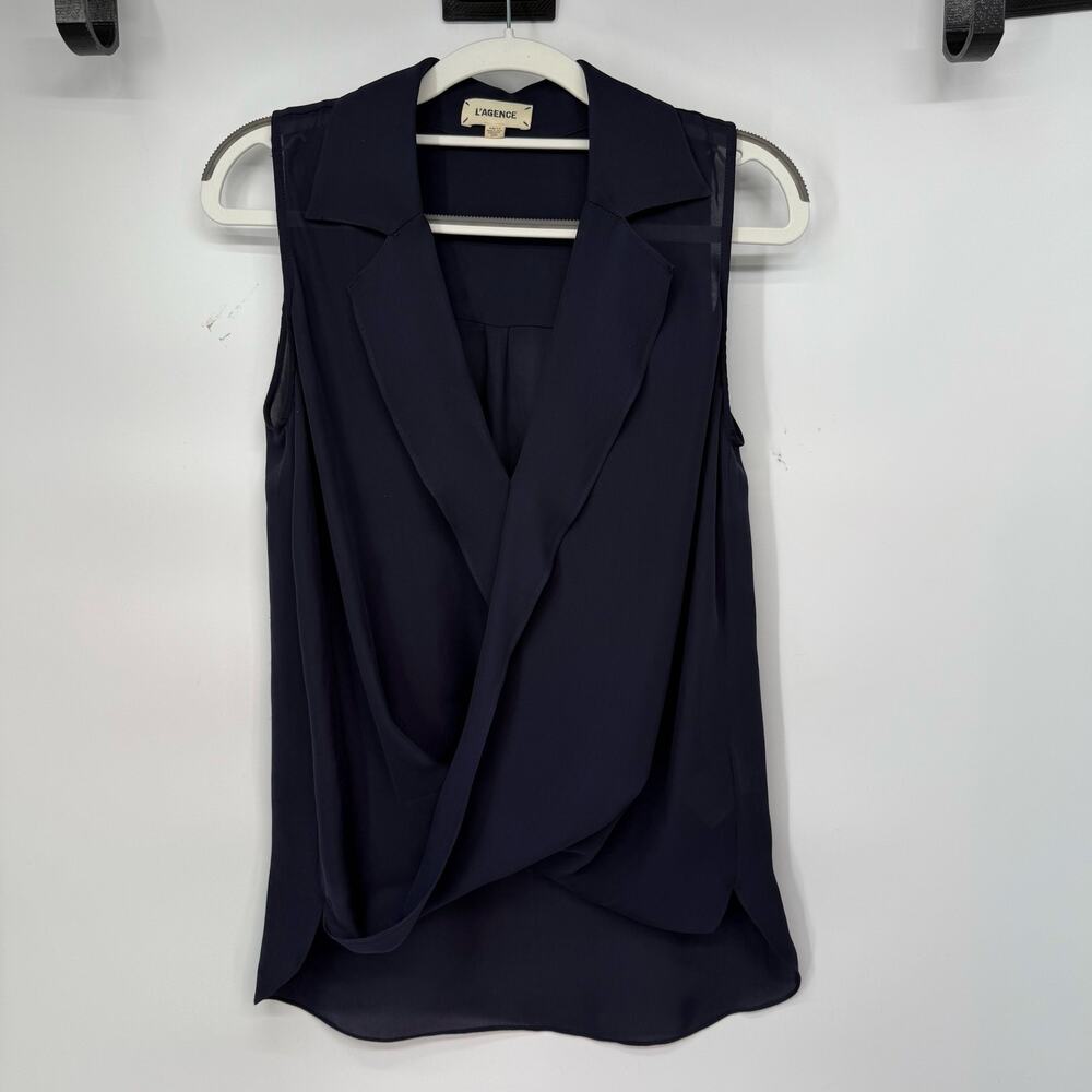 L'agence Freja Draped Silk Wrap Blouse Womens Size XS Navy Blue Surplice V-Neck